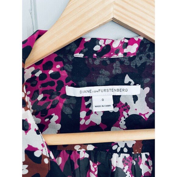 Diane von Furstenberg Top 0 Lorelei Silk Shirt Printed Chiffon Magenta Black - Picture 3 of 7